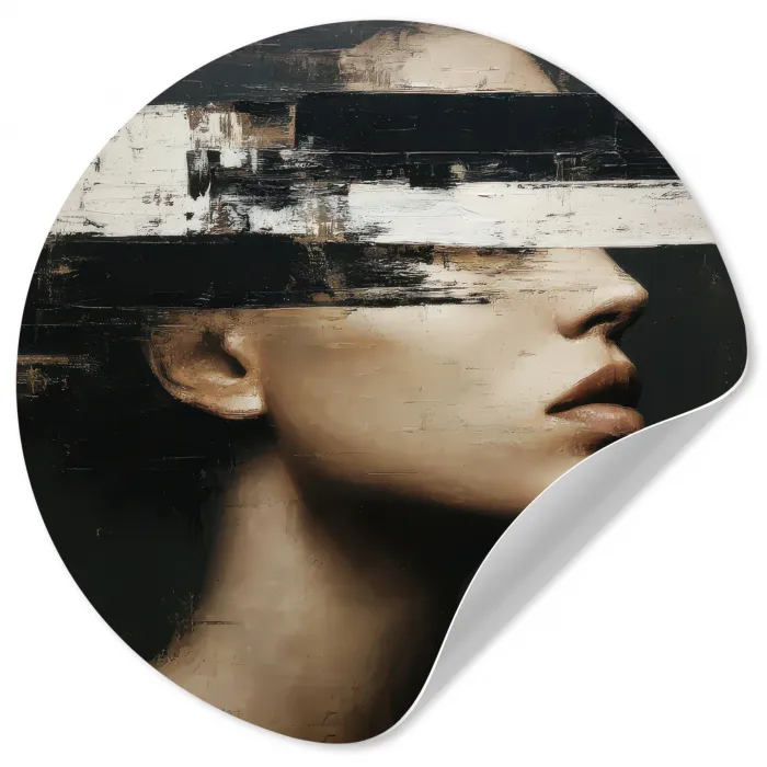 Gezicht - Vrouw - Zwart - Abstract Wandcirkel behangsticker klein -3d