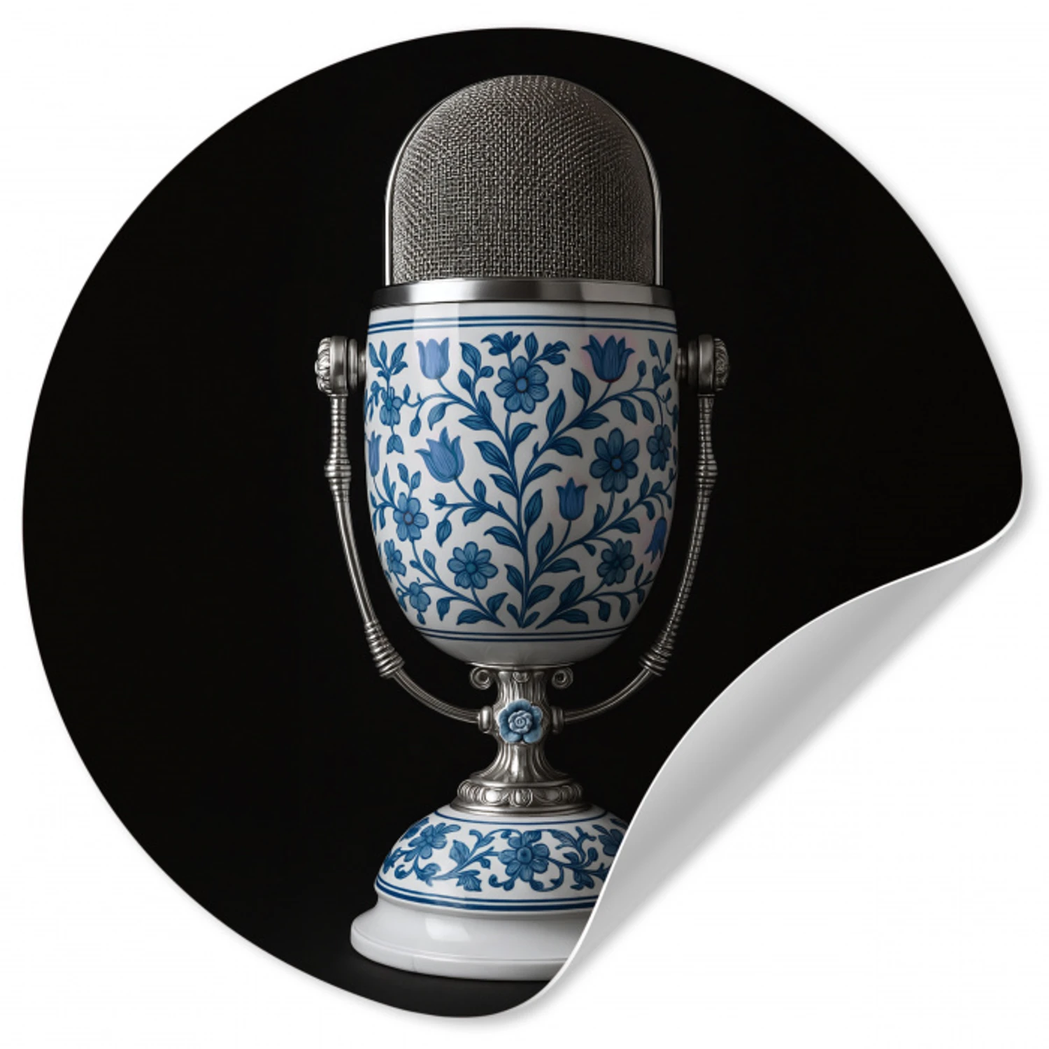 Microfoon - Delfts blauw - Muziek Wandcirkel behangsticker klein -3d