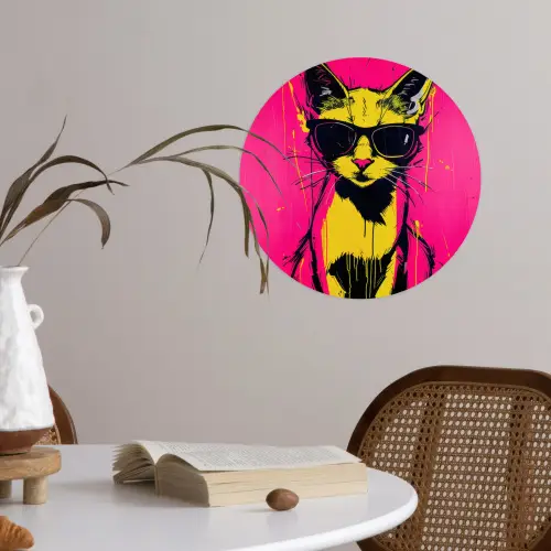 Kat - Art - Zonnebril - Roze Wandcirkel behangsticker klein -sfeer3