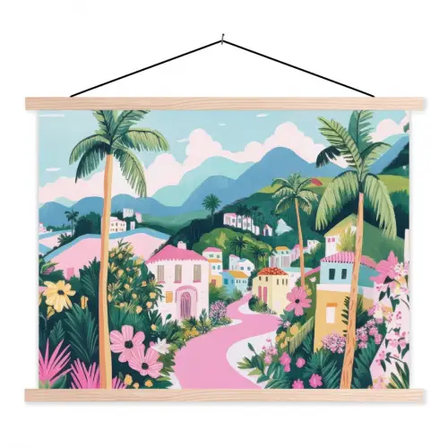 Kleurrijk - Huizen - Heuvels - Roze textielposter latten blank klein -3d