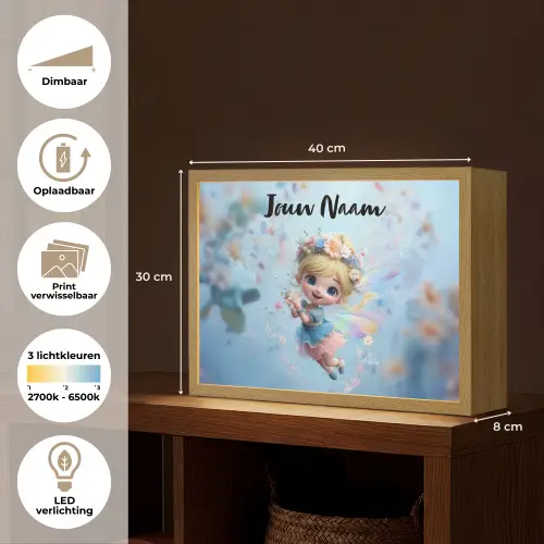 Fee - Bloemen - Sprookje - Blauw Light Box met batterij (Wandlamp kind) middel -USP_websiteoverzichtNL