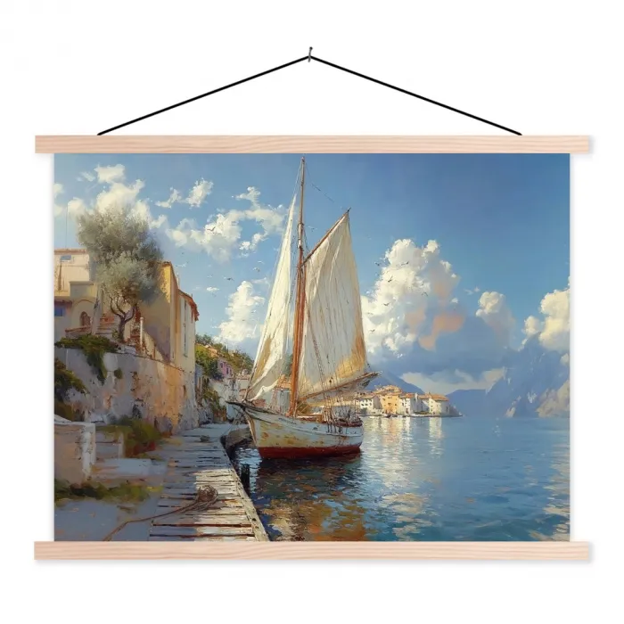 Zeilschip - Huizen - Kade - Zee textielposter latten blank klein -3d