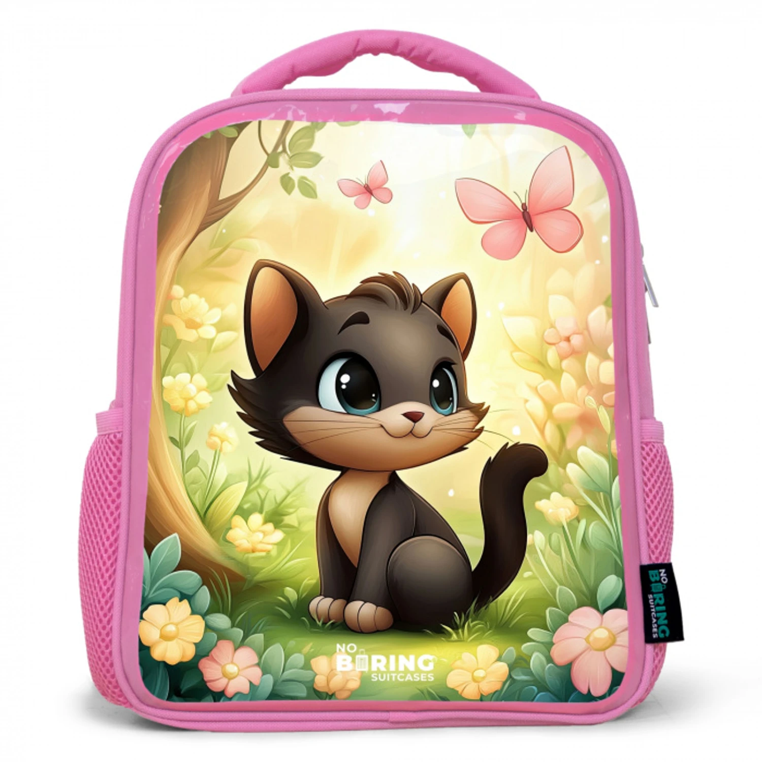 Kat - Vlinder - Bloemen Kinderrugzak - Roze middel -3d