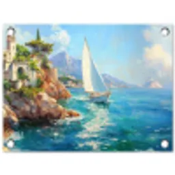 Zeilboot - Rotsen - Kust - Huizen tuinposter los doek klein -3d