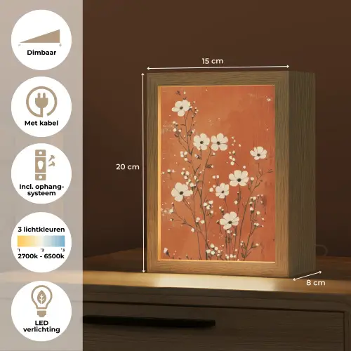 Bloemen - Wit - Subtiel - Roestkleur Light Box met kabel (Tafellamp) klein -USP_NL