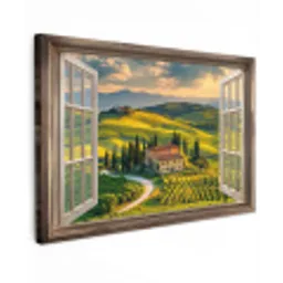 Doorkijk - Toscane - Uitzicht - Landschap - Zomer Tuinposter op houten frame 2 cm dik klein -3d