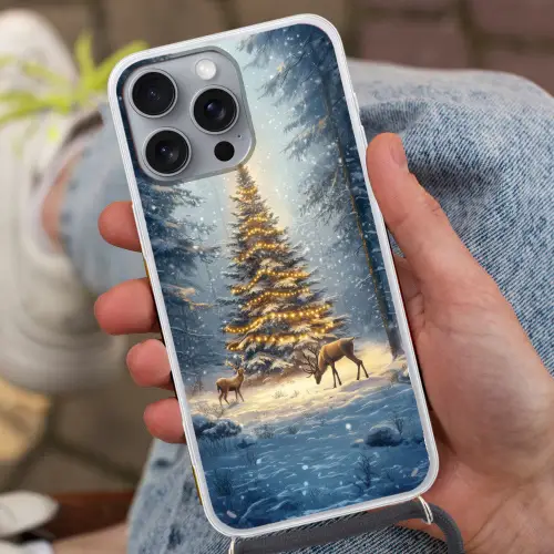 Kerstlicht - Woud - Hert - Donker Hoesje iPhone 16 Pro Max met koord klein -sfeer3