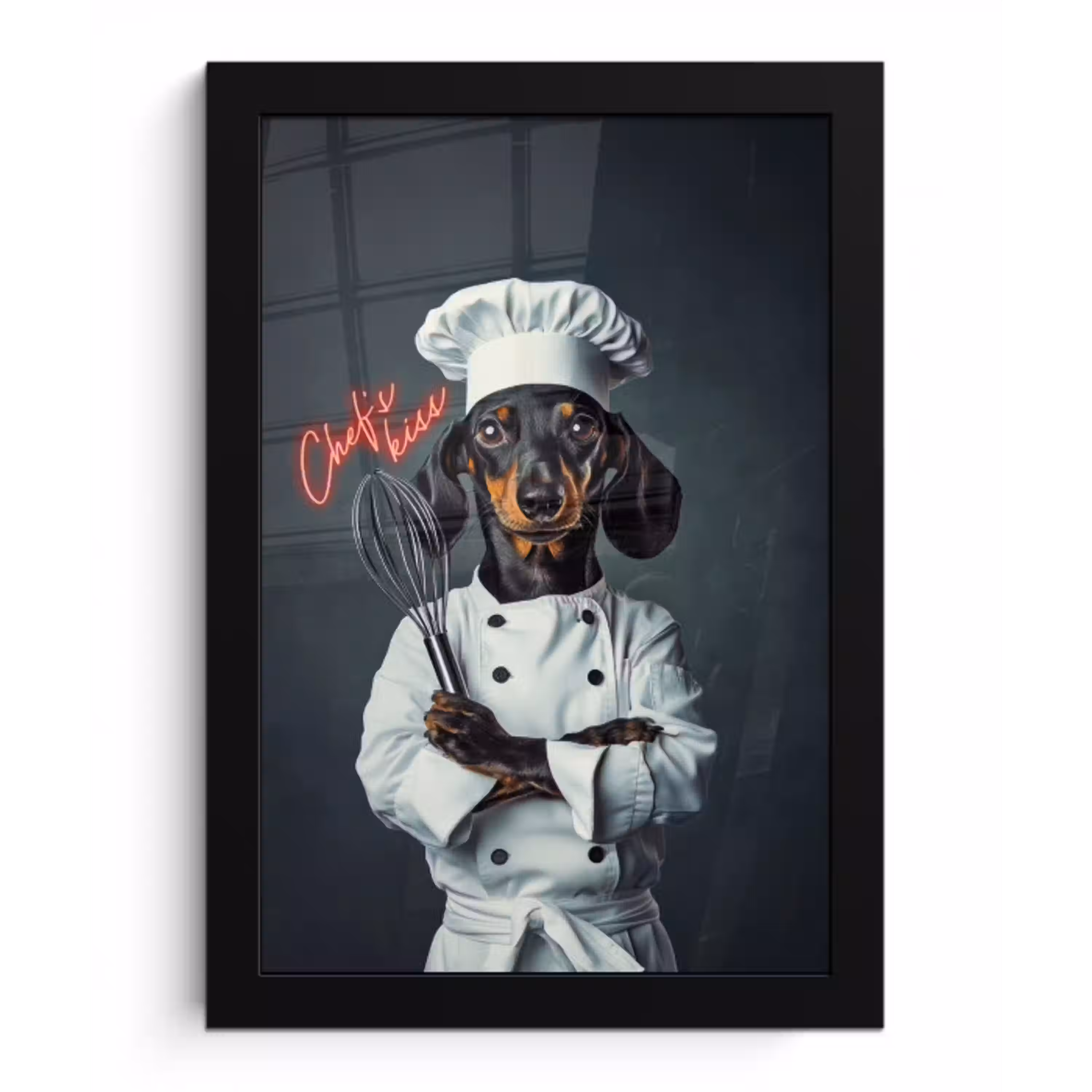 Quote - Neon - Hond - Kokskleding fotolijst zwart zonder passe partout klein -3d