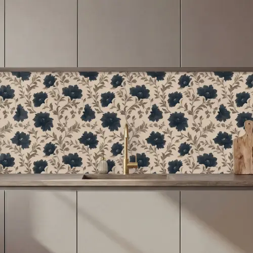 Motief - Bloemen - Zwart - Beige keuken achterwand 2 middel 871 zz_3dshopping