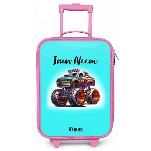 Monstertruck op Lichtblauwe Achtergrond Kinderkoffer - Roze klein -zz3dotto