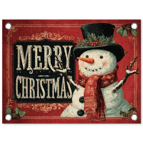 Klassiek - Kerstgroet - Sneeuwpop - Rood tuinposter los doek klein -3d