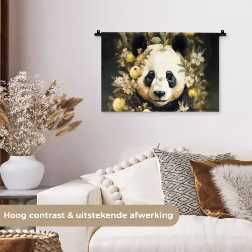 Panda - Pandabeer - Wilde dieren - Natuur - Bloemen Wandkleed katoen klein -sfeer1