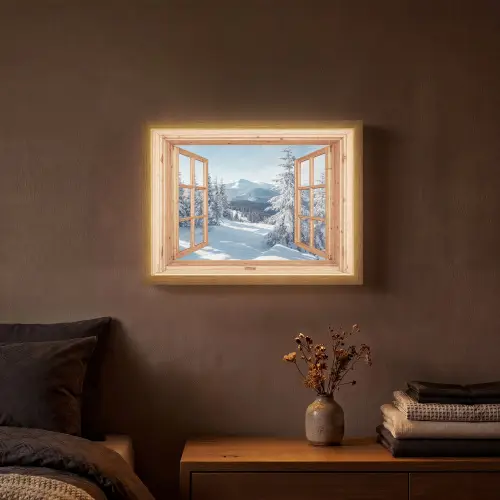Doorkijk - Winterlandschap - Natuur - Berg - Bomen - Hout Light Box met batterij (Wandlamp) middel -sfeer4