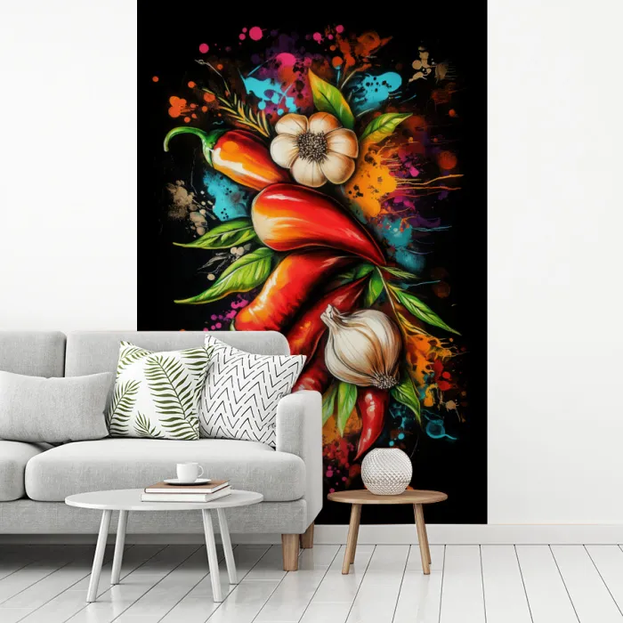Groente - Peper - Knoflook - Graffiti - Verf - Kleurrijk fotobehang vinyl groot -woonkamer