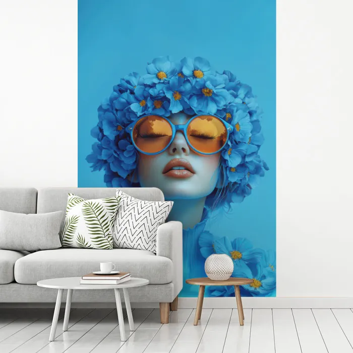 Vrouw - Bloem - Blauw - Modern - Bril - Portret fotobehang vinyl groot -woonkamer