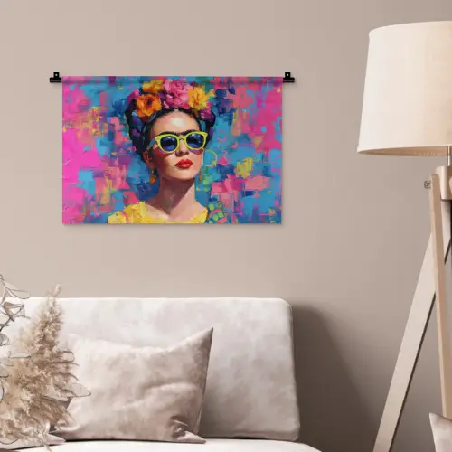 Vrolijk portret - Vrouw - Bloemenkroon Wandkleed katoen klein -sfeer4