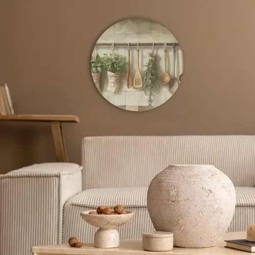 Hout - Keukengerei - Stilleven - Tegels Akoestische PET Vilt - Rond klein -sfeer1
