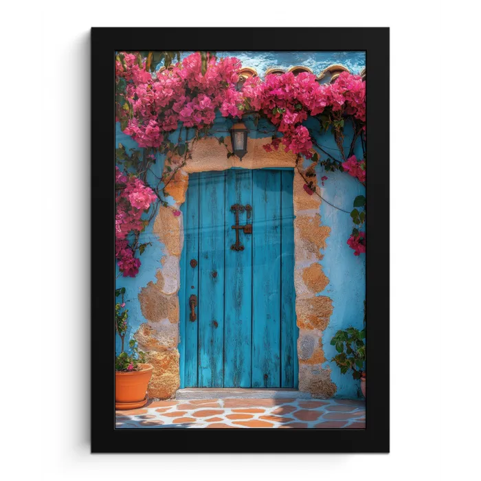 Deur - Hout - Bloemen - Blauw fotolijst zwart zonder passe partout klein -3d