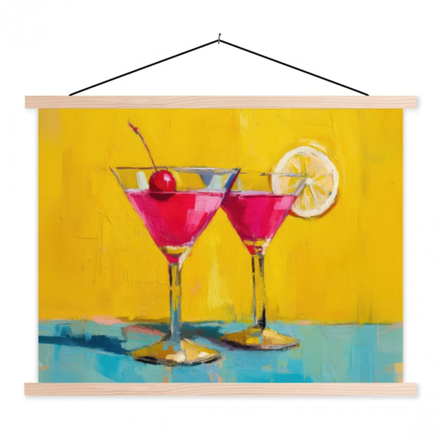 Glazen - Cocktail - Citroen - Kers textielposter latten blank klein -3d