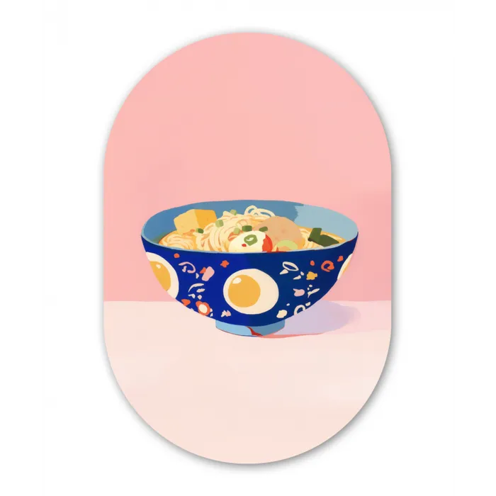 Noodles - Kom - Blauw - Illustratie Wandcirkel Ovaal Glas middel -3d