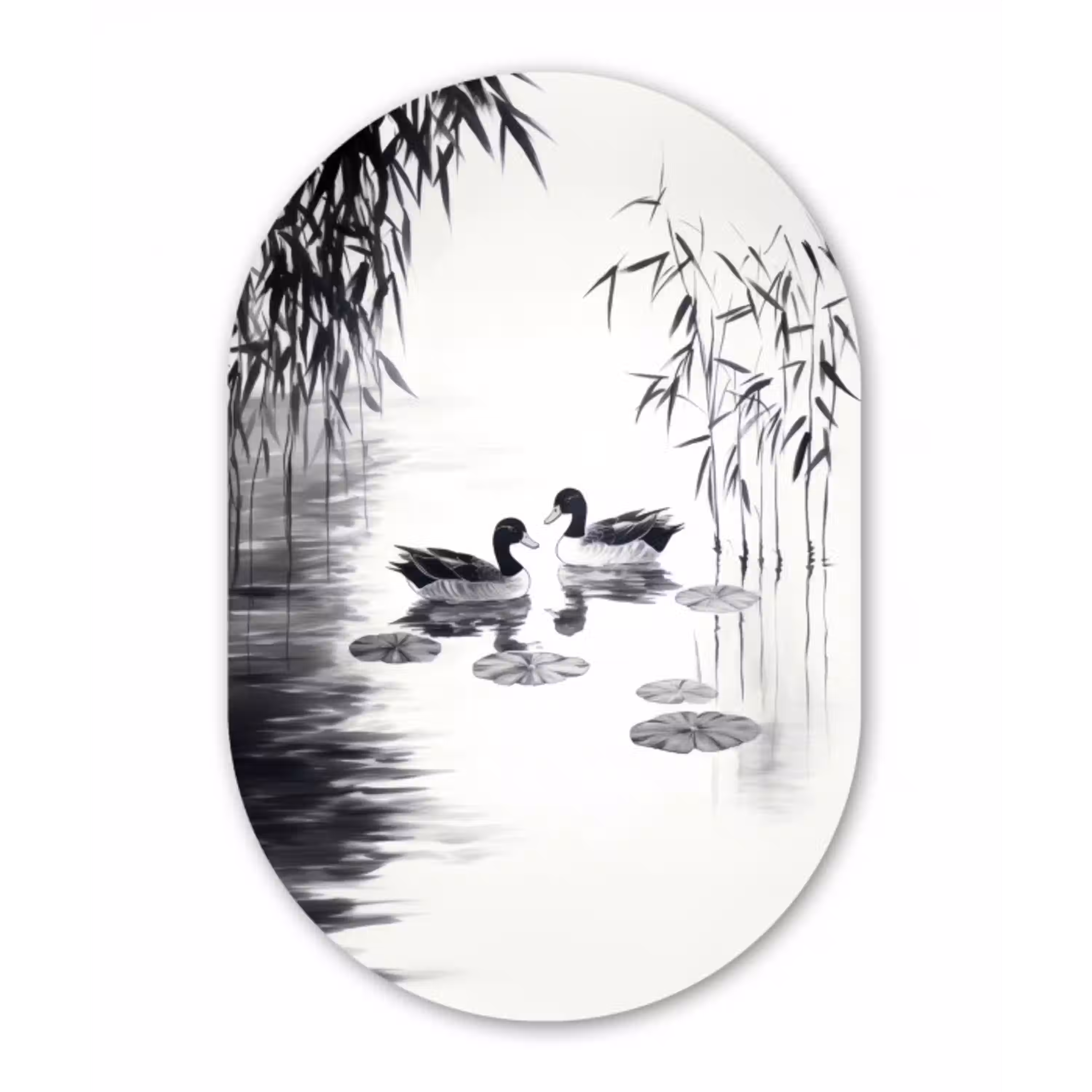 Eenden - Waterlelies - Riet - Zwart Wandcirkel Ovaal Glas middel -3d