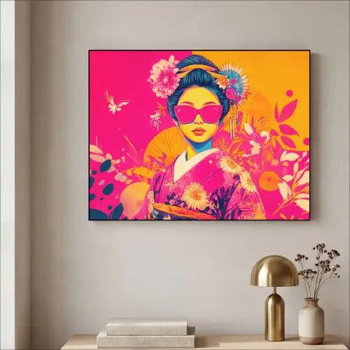 Vrouw - Zonnebril - Abstract - Oranje Textielframe zwart klein -sfeer2