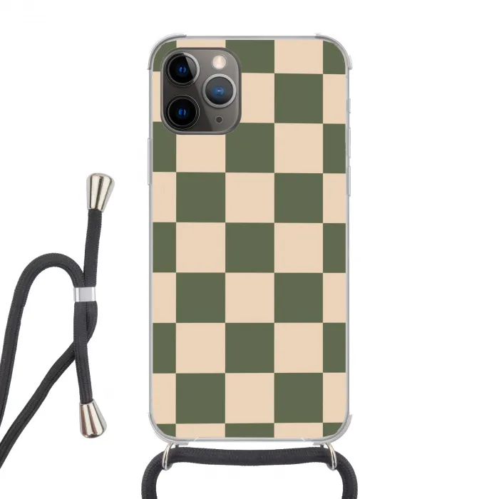 Schaakbord print - Groen - Beige - Blokjes Hoesje iPhone 12 Pro met koord klein -3d