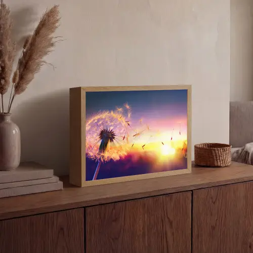 Paardenbloem - Bloemen - Zonsondergang - Horizon - Nacht Light Box met batterij (Wandlamp) middel -sfeer2
