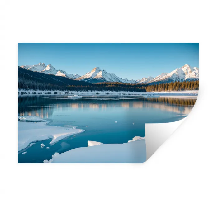 Landschap - Winter - Meer - Bergen - Uitzicht - IJs Muursticker klein -3d