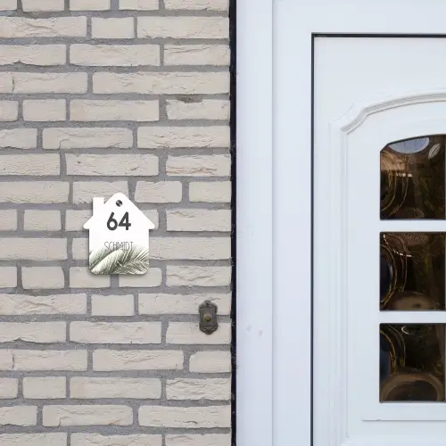 Wit met palmblad - Modern Naambord Huisje klein -sfeer1