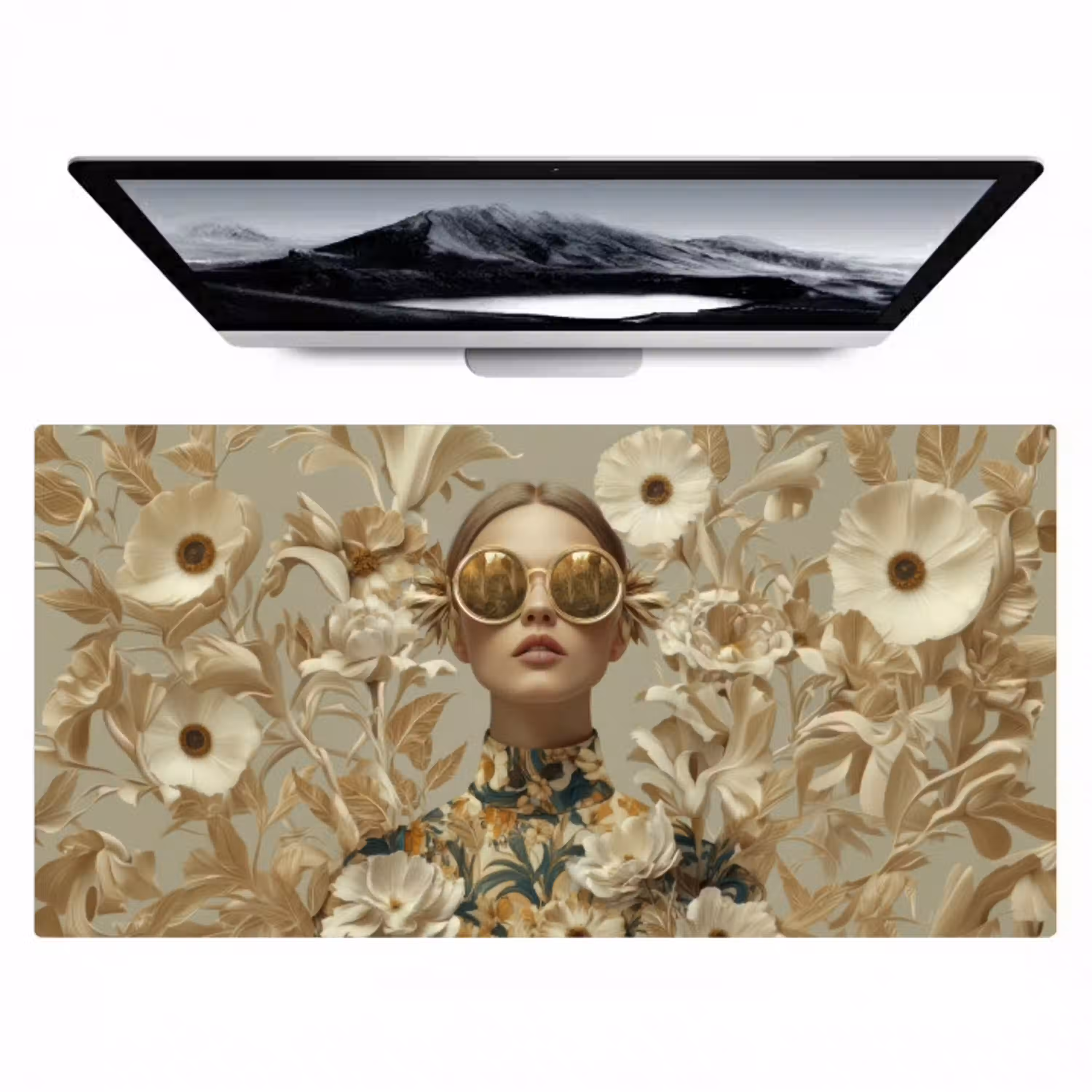 Vrouw - Bloemen - Zonnebril - Wit Muismat XXL klein -zzz3d