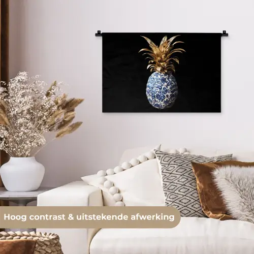Ananas - Bloemen patroon - Goud - Delftsblauw Wandkleed katoen klein -sfeer1