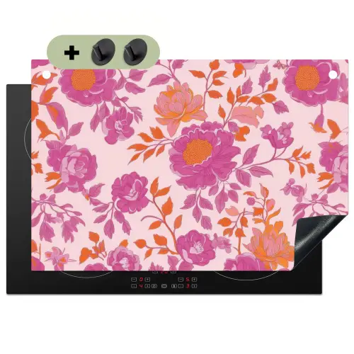 Bloemenpatroon - Roze - Oranje - Bloemen Inductie beschemer met haakjes klein -3d