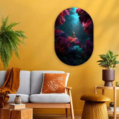 Standbeeld - Zeebodem - Koraal - Kleurrijk Wandcirkel Ovaal Glas middel -sfeer4