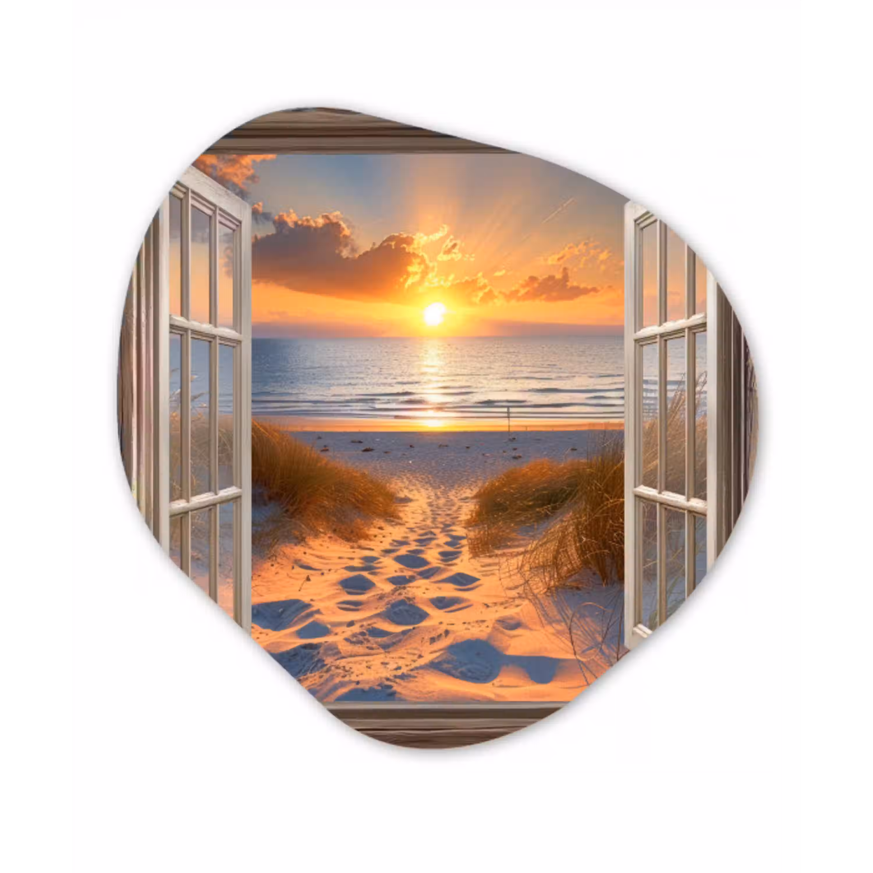 Doorkijk - Strand - Duinen - Zonsondergang Wandcirkel Organisch Aluminium middel -3d