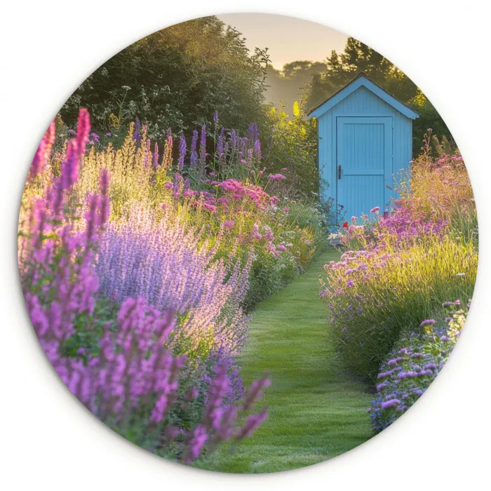 Tuinhuisje - Blauw - Bloemen Wandcirkel kunststof plaat 5mm dik klein -3d