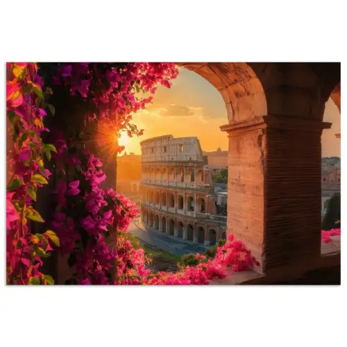 Colosseum - Rome - Roze Bloemen poster papier klein -3d