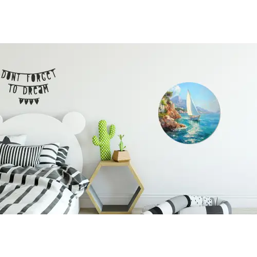 Zeilboot - Rotsen - Kust - Huizen Wandcirkel aluminium klein -kinderkamer