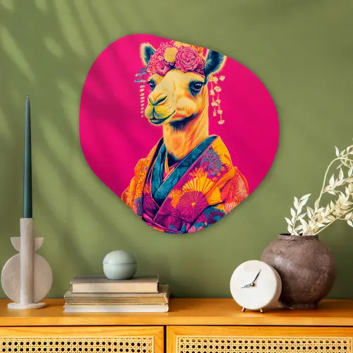 Kameel - Bloemen - Kimono - Waaiers Wandcirkel Organisch Plexiglas middel -sfeer2