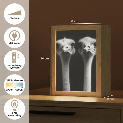 Struisvogels - Halzen - Zwart - Minimalistisch Light Box met kabel (Tafellamp) klein -USP_NL