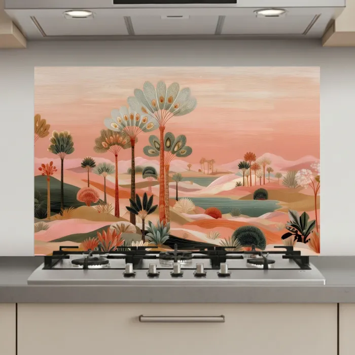 Roze landschap - Palmen - Water keuken achterwand spatscherm klein -3d_website