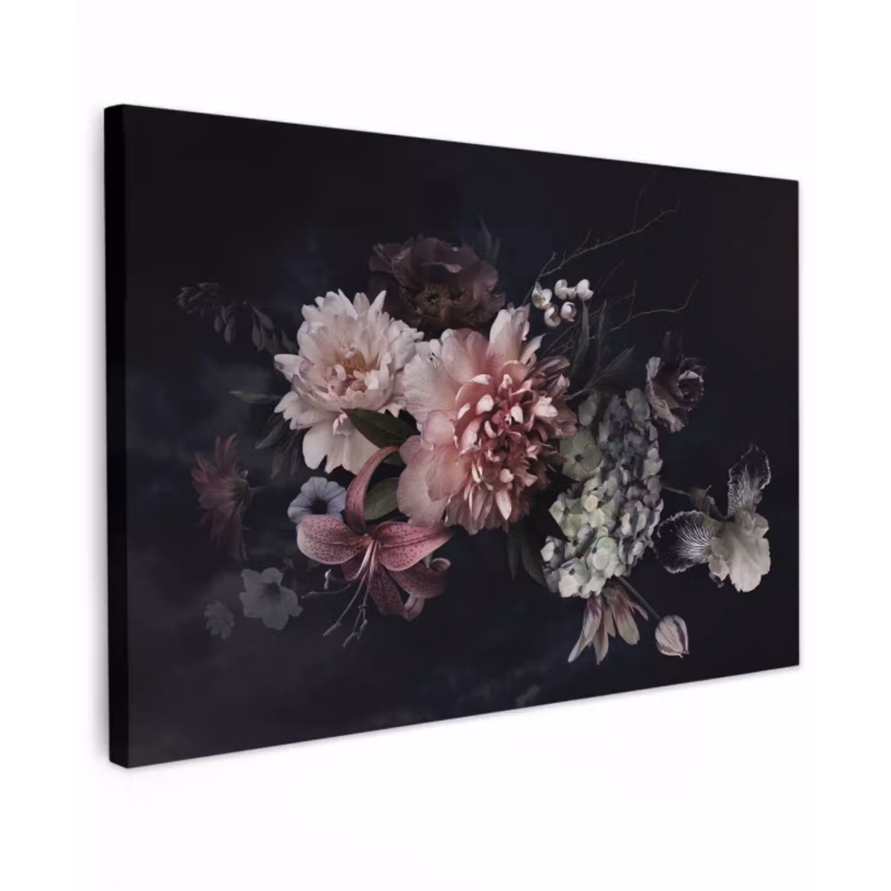 Bloemen - Vintage - Pastel - Zwart - Boeket canvas 2cm klein -z3d