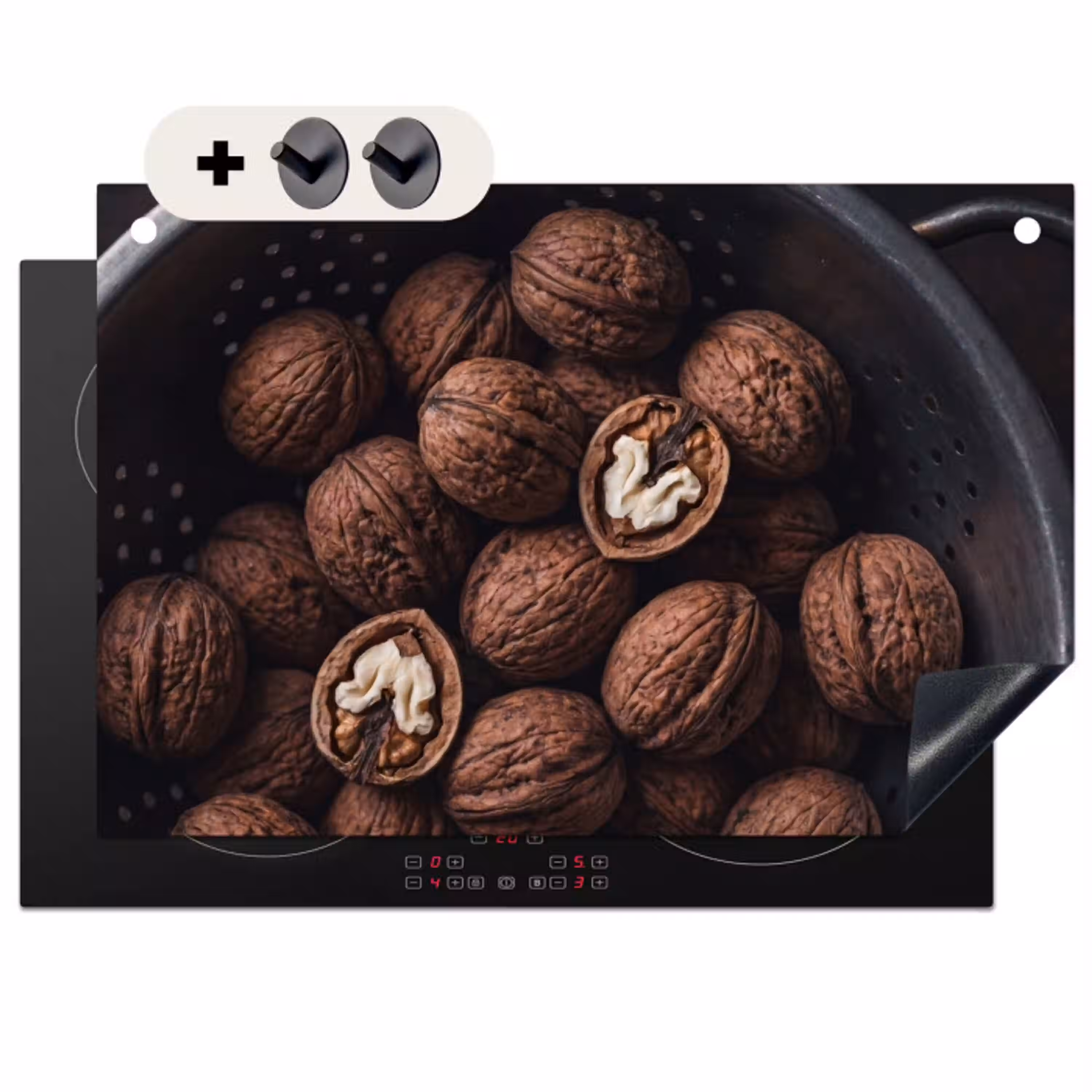 Walnoot - Eten - Donker Inductie beschemer met haakjes klein -3d