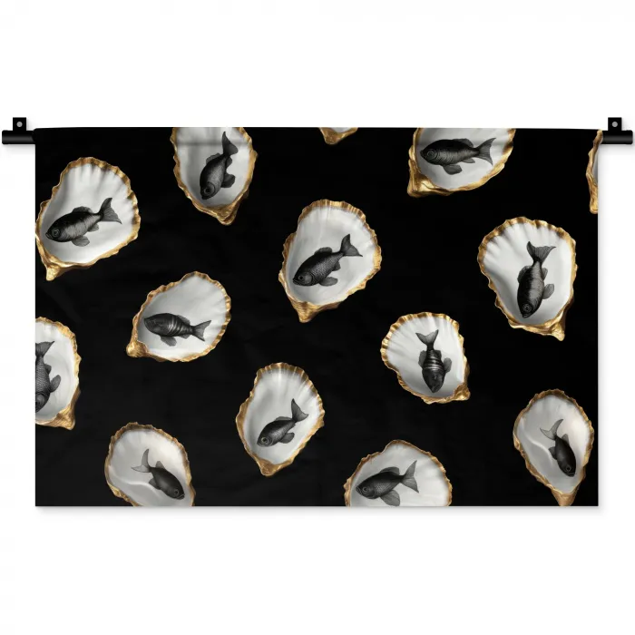 Oesters - Zwart - Vissen - Goud Wandkleed katoen klein -zz3d