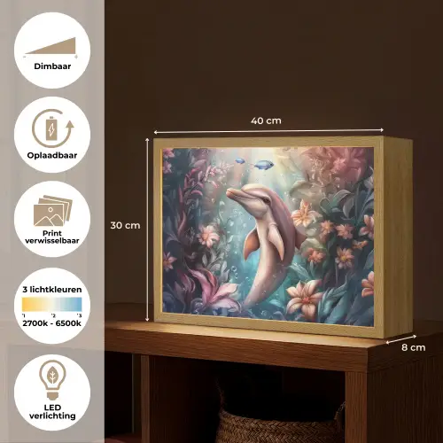 Dolfijn - Vissen - Onderwaterwereld - Bloemen Light Box met batterij (Wandlamp kind) middel -USP_websiteoverzichtNL