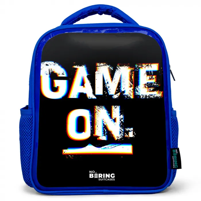Game on in zwart wit Kinderrugzak - Blauw middel -3d