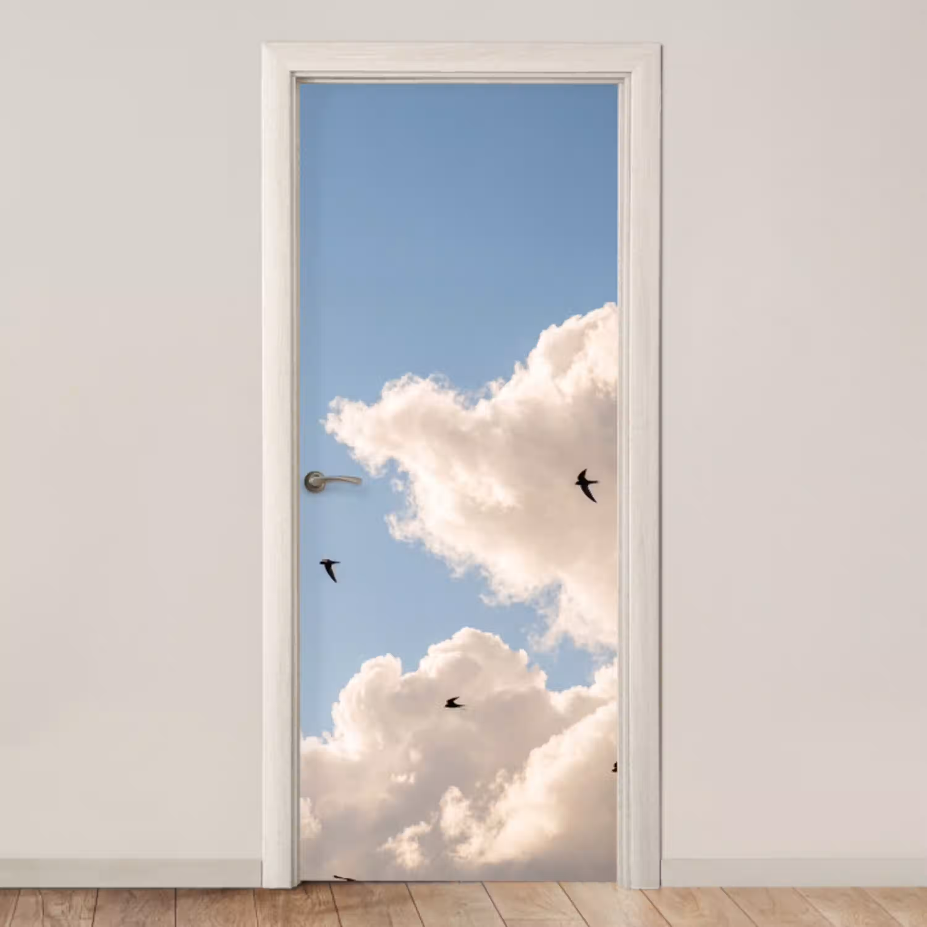 Vogel - Vlucht - Wolken - Natuur - Blauw deurposter klein -3d_beige