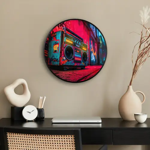 Boombox - Rood - Graffiti - Neon Fotolijst rond zonder passe partout klein -sfeer1