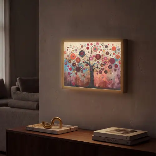 Boom - Paars - Abstract - Kunst Light Box met batterij (Wandlamp) middel -sfeer1