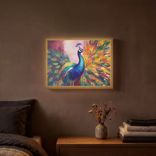 Pauw - Dieren - Schilderij - Regenboog Light Box met batterij (Wandlamp) middel -sfeer4
